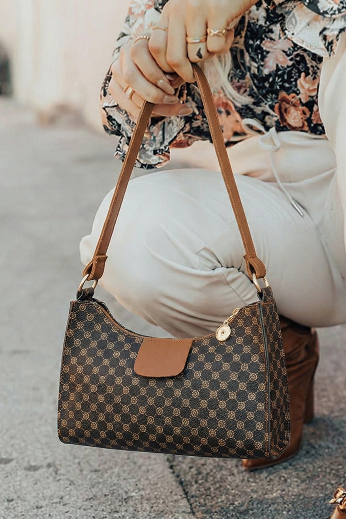 Coffee Luxury Inspired Print PU Leather Shoulder Bag
