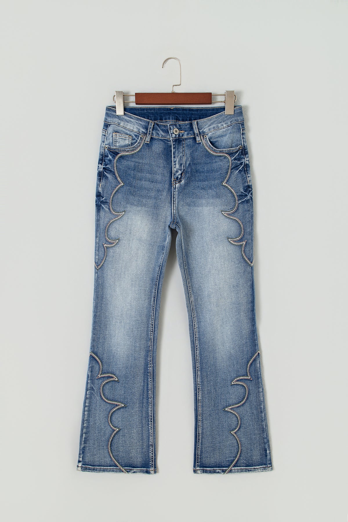 Blue Western Embroidered Flare Full Length Jeans