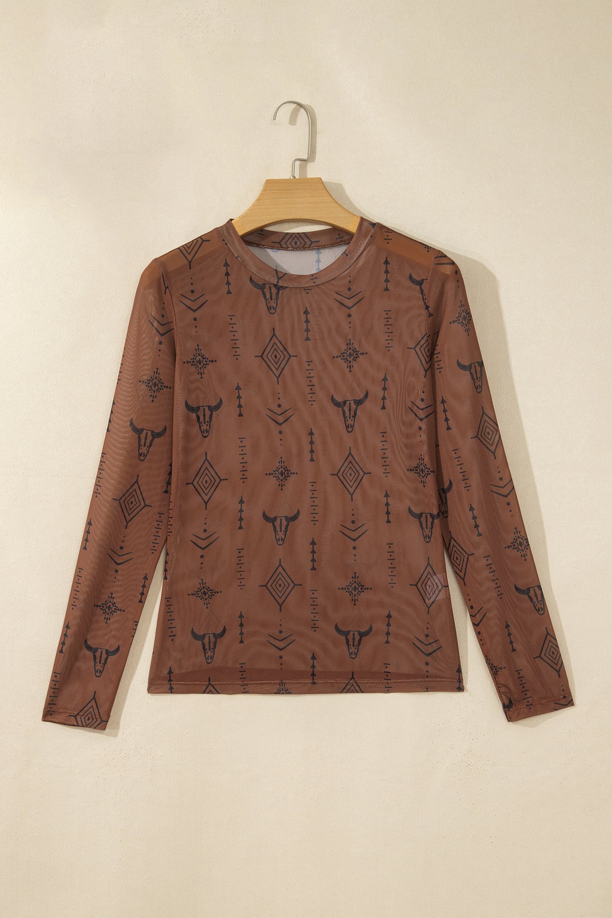 Chestnut Retro Western Print Mesh Long Sleeve Sheath Top