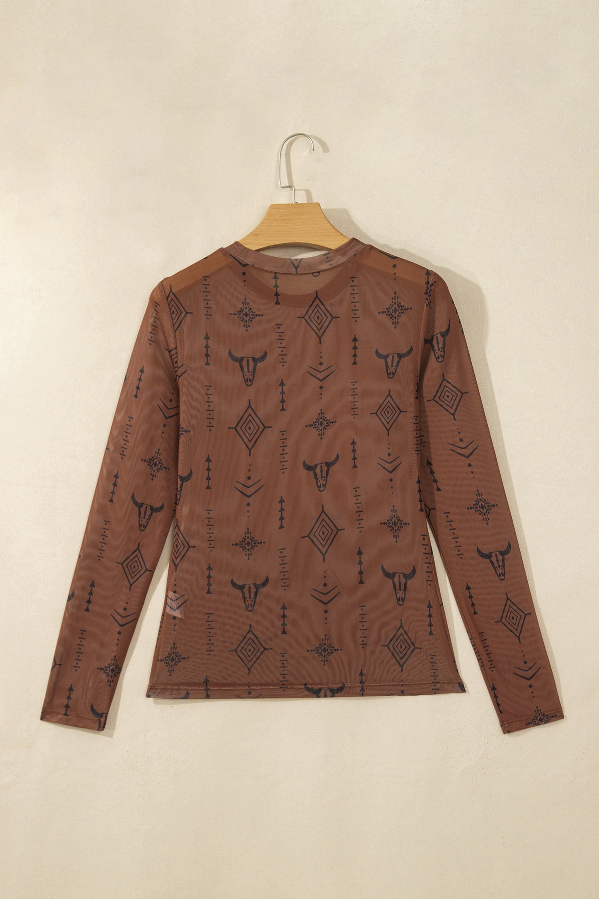 Chestnut Retro Western Print Mesh Long Sleeve Sheath Top