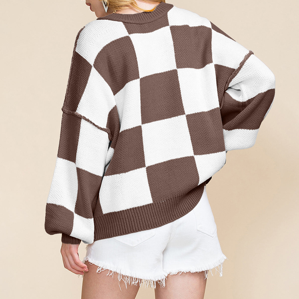 Black Checkered Bishop Sleeve Sweater