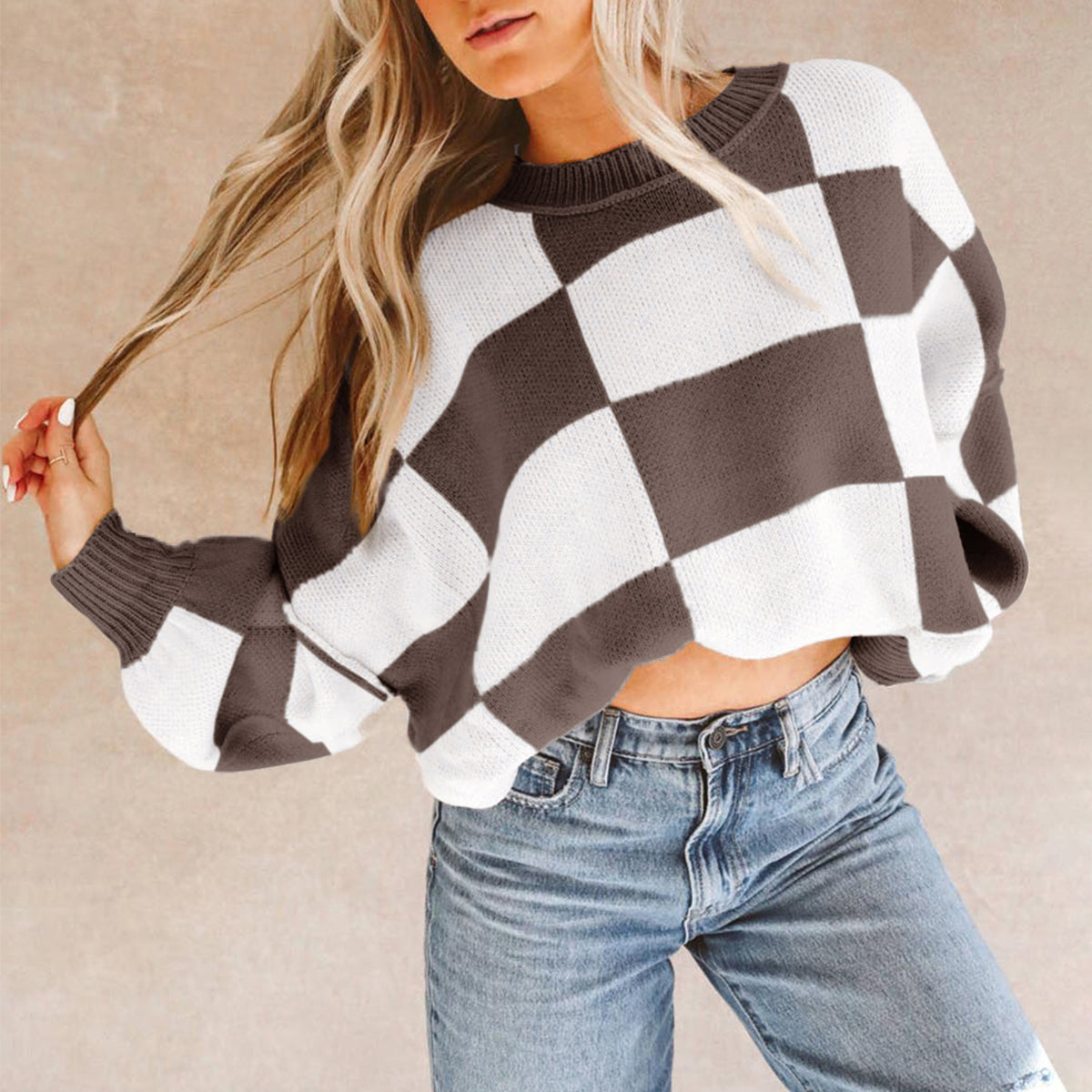 Black Checkered Bishop Sleeve Sweater